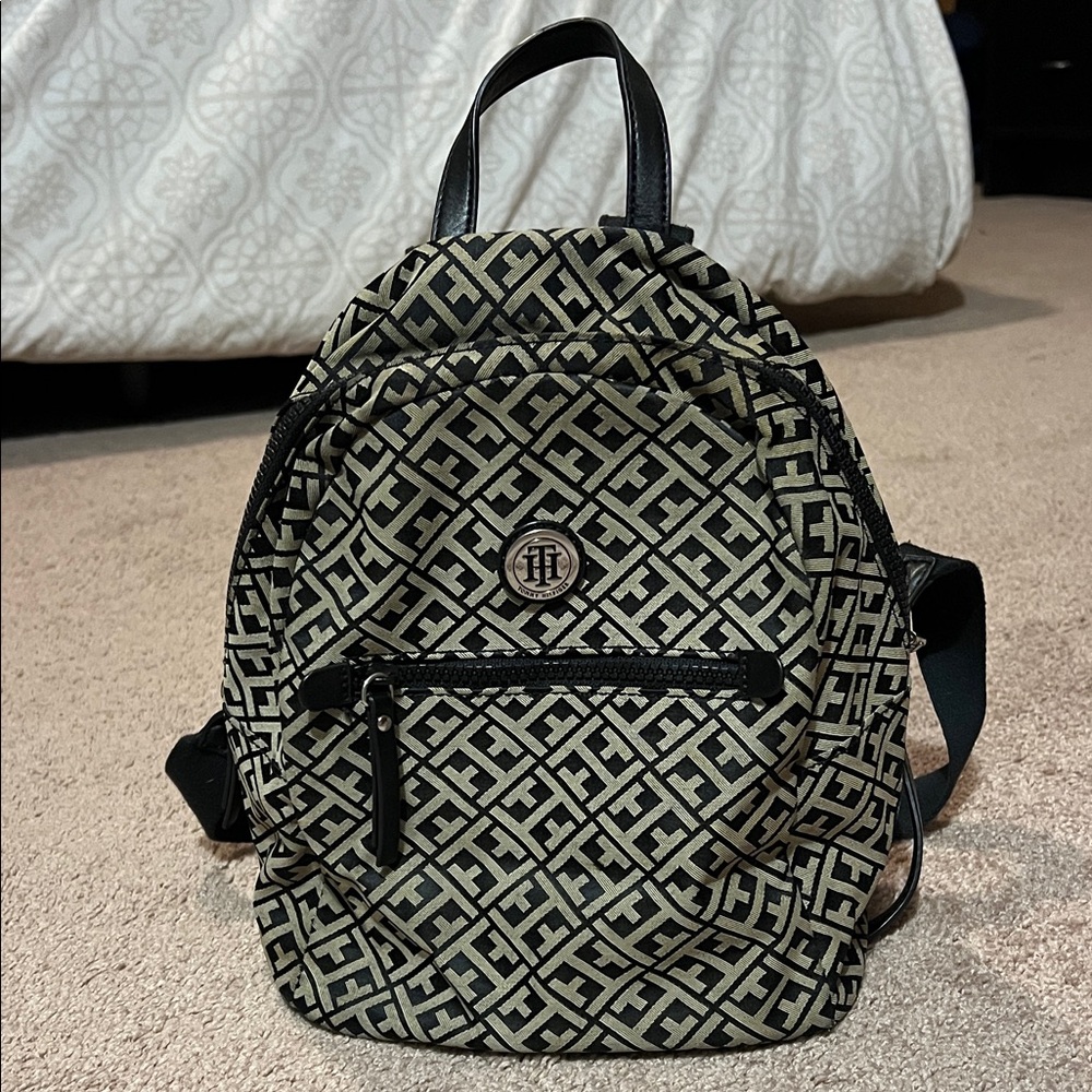 Tommy Hilfiger Black and Tan Logo Backpack